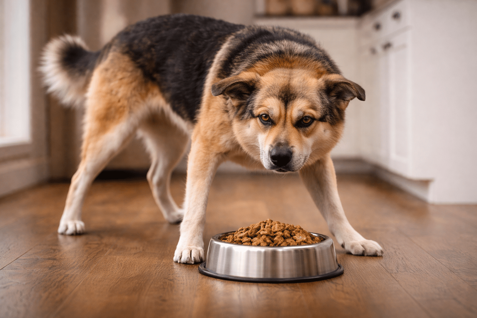 Why Do Dogs Growl? Understanding Your Dog's Communication 4 A large dog with black, brown, and white fur stands protectively over a bowl of kibble on a wooden floor, staring directly at the camera in a home kitchen setting.