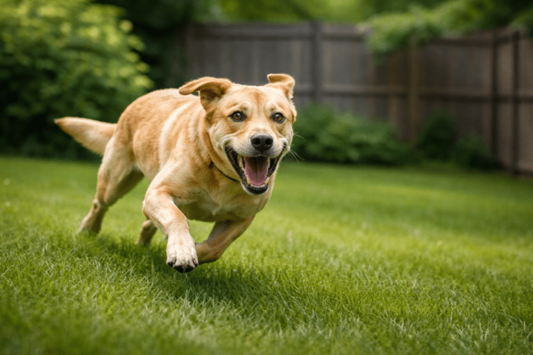why do dogs get the zoomies. A happy brown dog with perked ears runs across a green lawn toward the camera, mouth open as if smiling, with a wooden fence and lush greenery in the background.