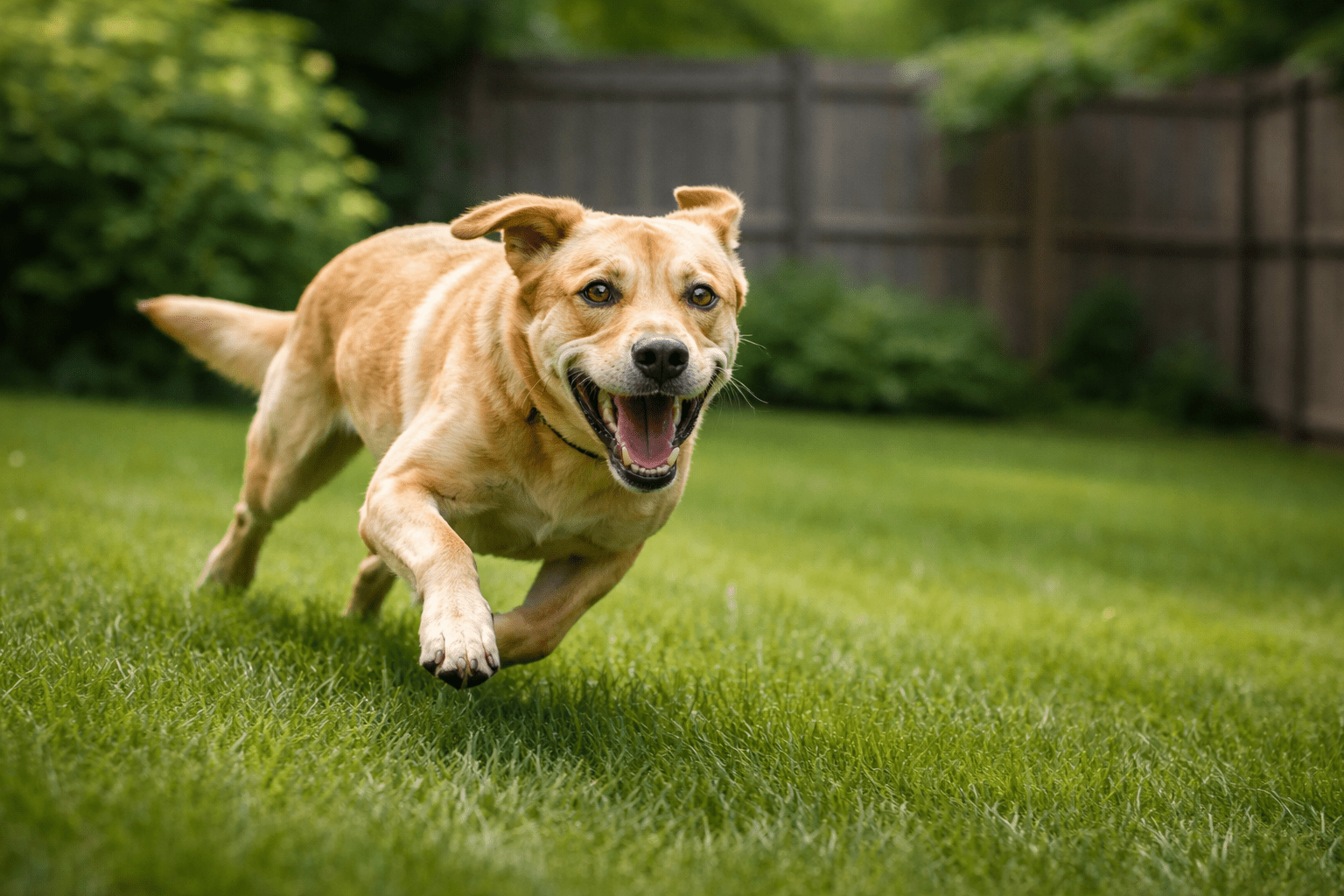 why do dogs get the zoomies. A happy brown dog with perked ears runs across a green lawn toward the camera, mouth open as if smiling, with a wooden fence and lush greenery in the background.