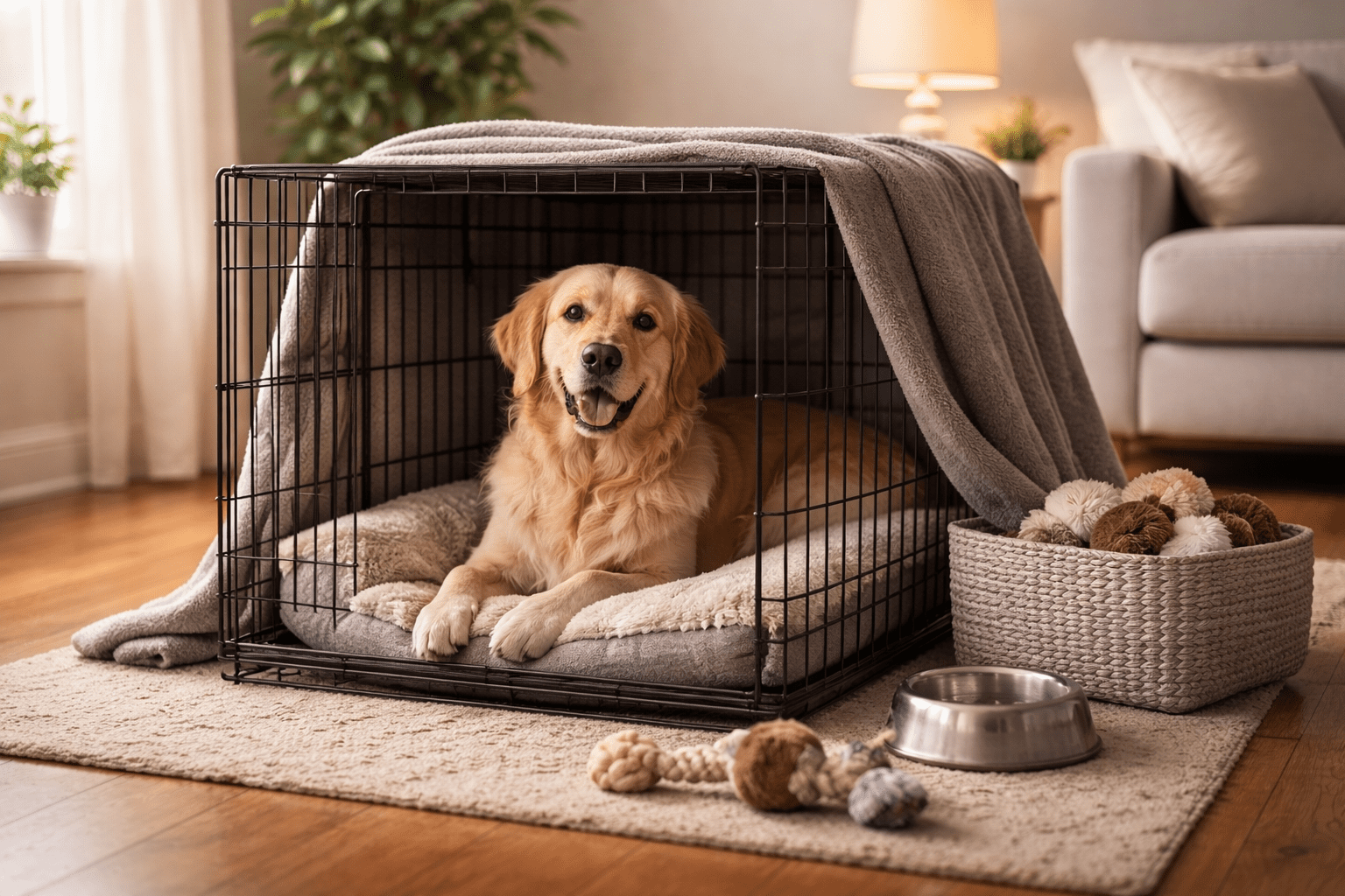 How to Help a Fearful Dog Gain Confidence 1 A golden retriever lies in a cozy dog crate with a blanket draped over it, resting on a soft bed. There are toys and a water bowl nearby in a well-lit, tidy living room.