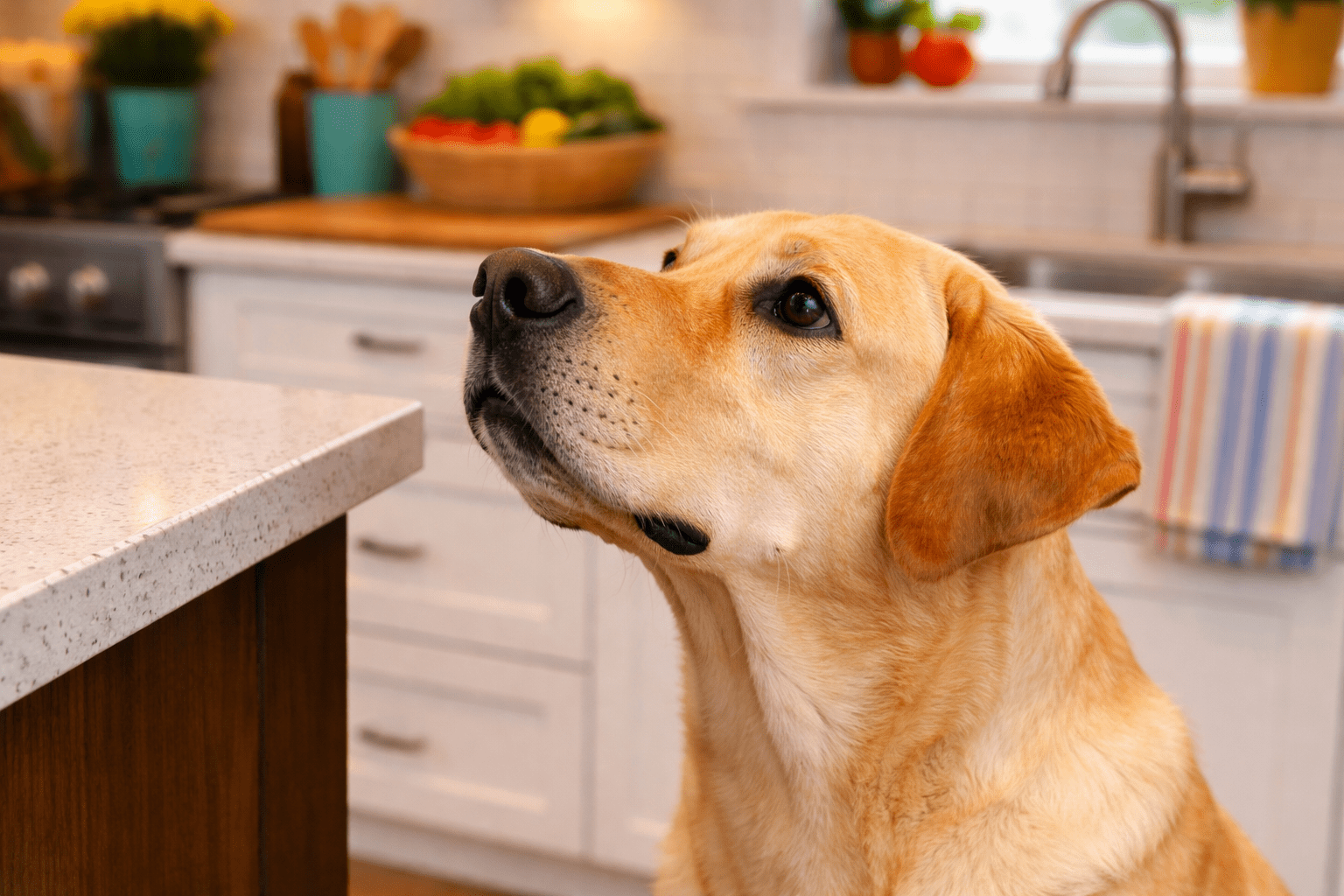 How to Stop Dog from Counter Surfing: Effective Training Solutions 1 Dog looking up at kitchen counter with attentive expression showing natural scavenging instinct
