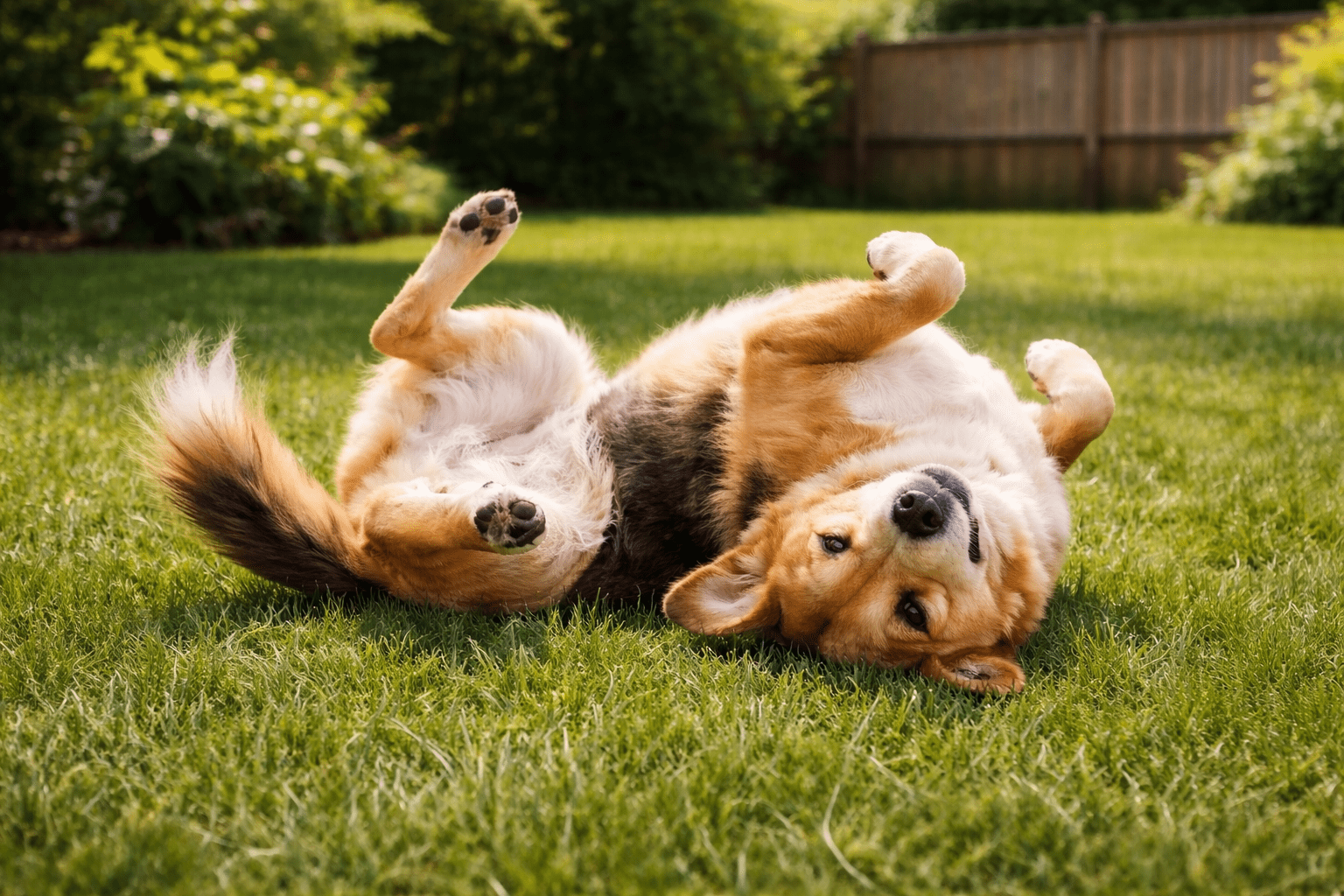 Why Do Dogs Roll in the Grass? Understanding Your Dog's Natural Behavior 1 A fluffy brown and white dog lies on its back in the grass, playfully rolling in a sunny backyard with greenery and a wooden fence in the background.