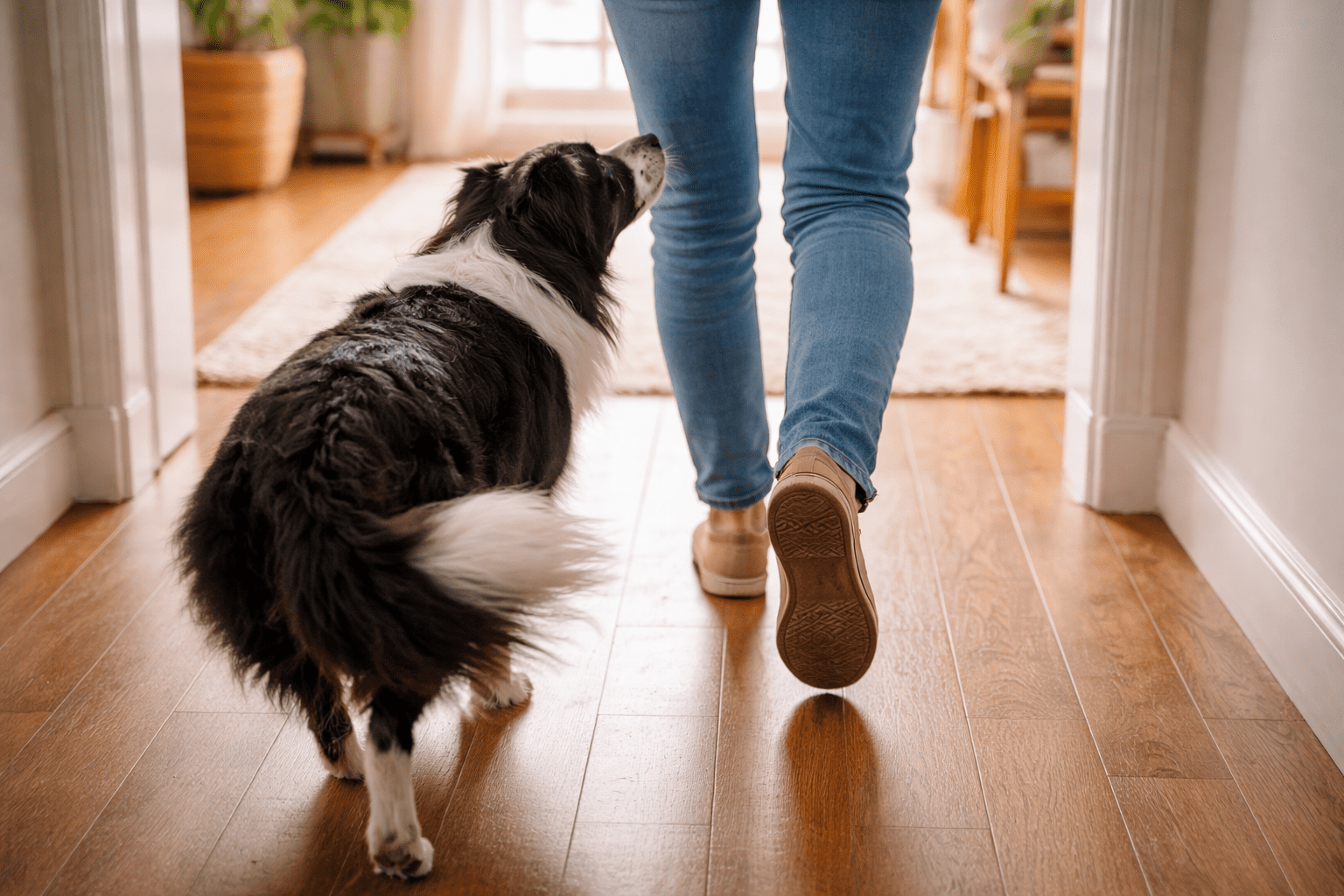 Signs Your Dog Trusts You: How to Read Your Dog's Trust Signals 3 Border collie walking close beside owner's legs showing trust through proximity-seeking behavior