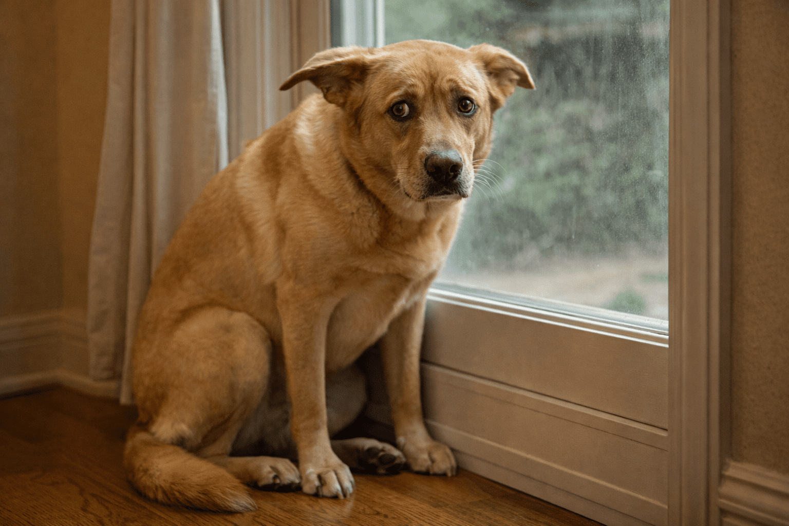 Why Is My Dog So Clingy? Understanding and Managing Velcro Dog Behavior 1 A light brown dog with expressive, worried eyes sits on a wooden floor by a glass door, looking outside. The dog's body language appears anxious or uncertain, with its ears slightly back and tail down.