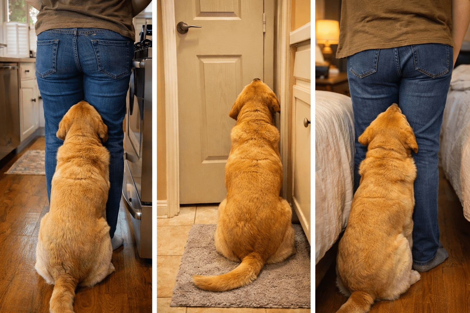 Why Is My Dog So Clingy? Understanding and Managing Velcro Dog Behavior 3 Three photos of a golden retriever sitting closely behind a person in jeans, following them around the house, including the kitchen, a doorway, and a bedroom. The dog looks up at the person in each scene.