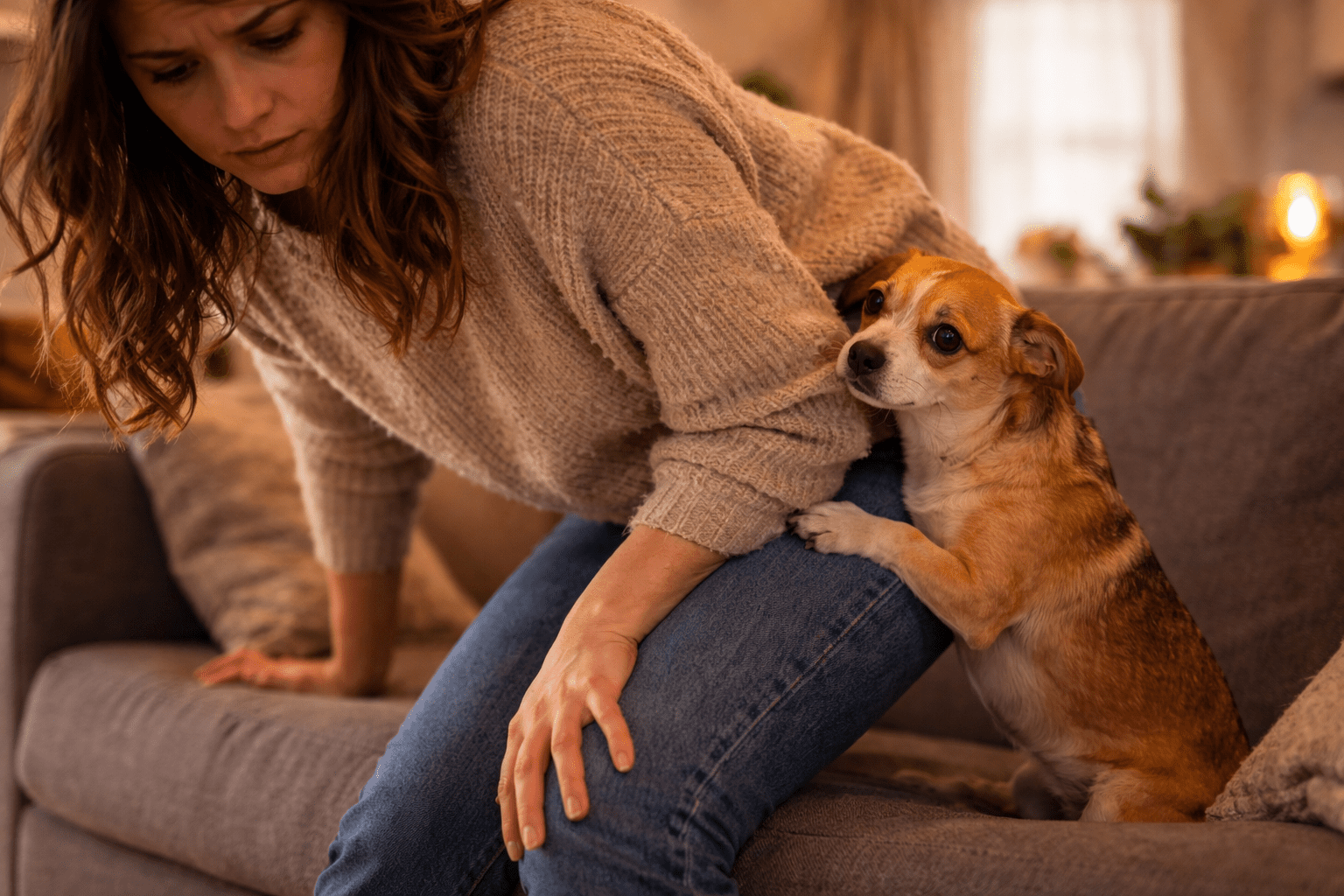 Why Does My Dog Sit On Me? Understanding Your Dog's Behavior 4 A small dog with brown and white fur clings to a woman's leg as she sits on a couch, looking anxious while the woman appears concerned. Cozy living room setting in the background.