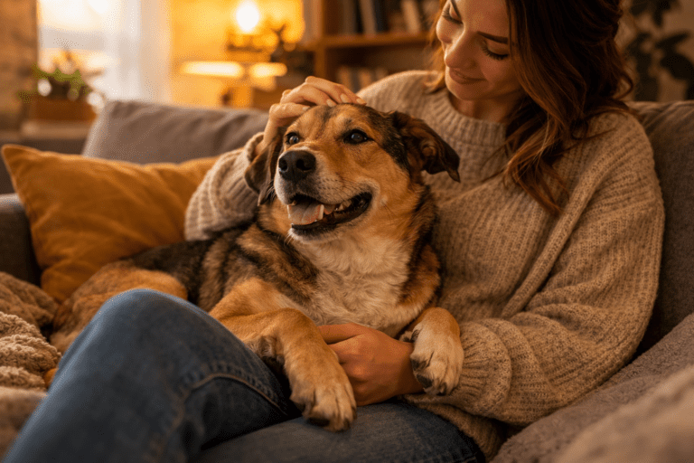 why does my dog sit on me. A woman sits on a cozy couch, smiling as she gently pets a happy, medium-sized dog resting on her lap. The setting is warm and inviting, with soft lighting and comfortable pillows in the background.
