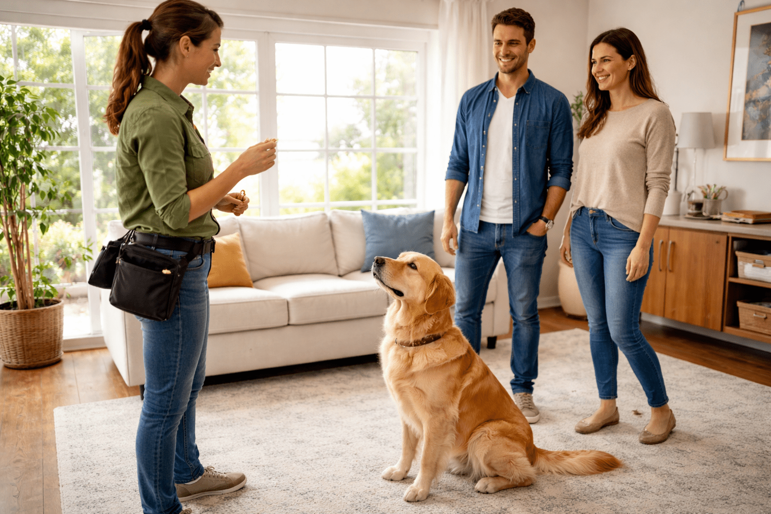 Why Do Dogs Sniff Your Crotch? Understanding Canine Behavior 3 A dog trainer stands in front of a sitting golden retriever, holding a treat. A smiling couple stands nearby in a bright living room, watching the training session.