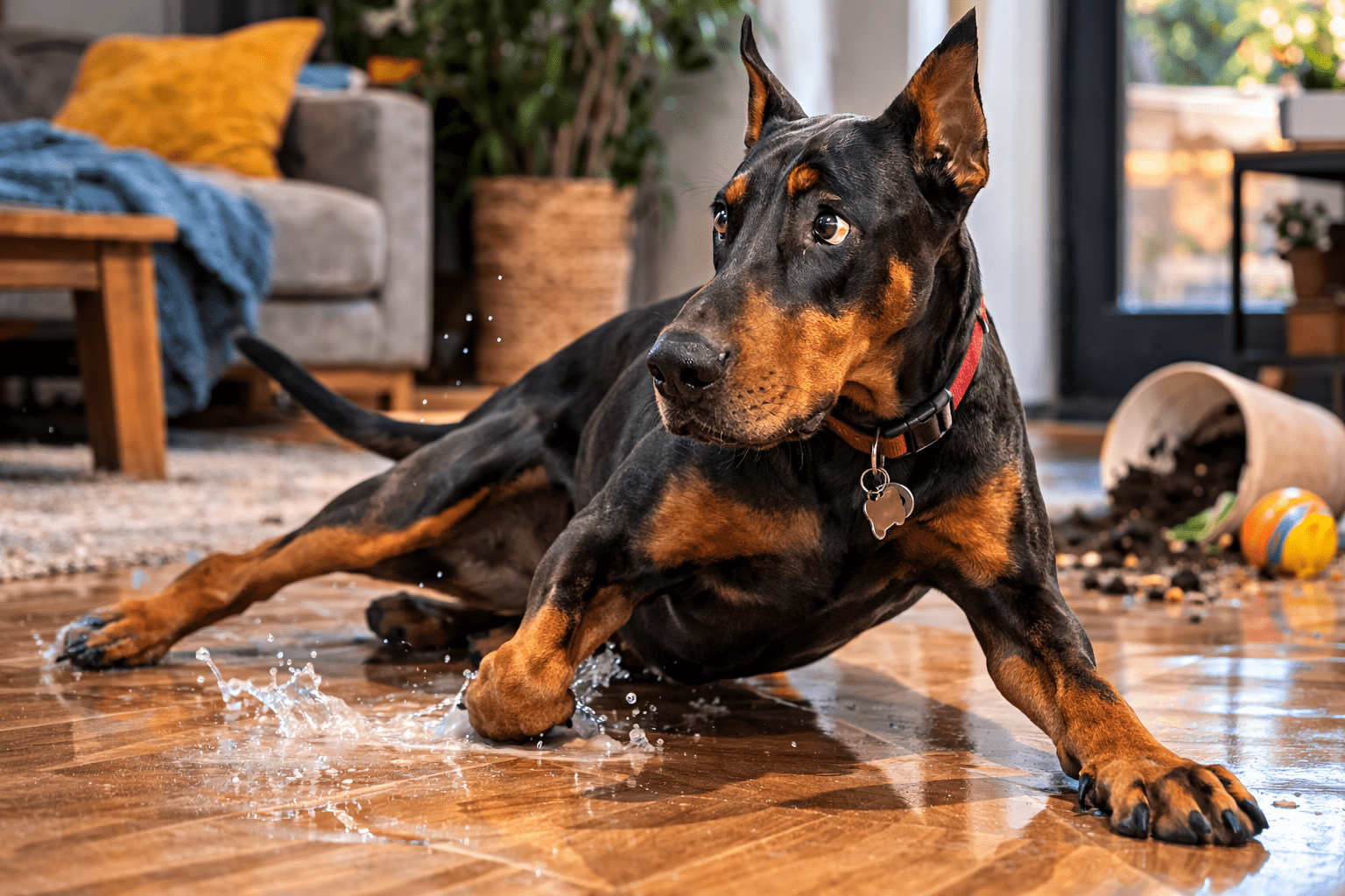 Do Dogs Get Embarrassed? Understanding Your Dog's Emotions 3 A Doberman slips on a wet hardwood floor while water splashes under its paw. Behind the dog, a knocked-over plant spills soil, and dog toys are scattered. The scene is inside a cozy living room.