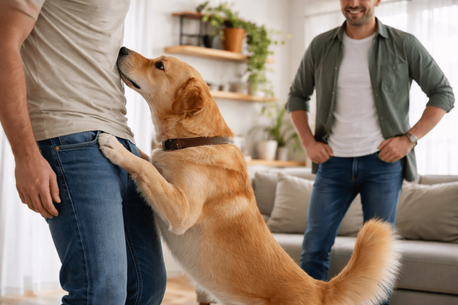 A golden retriever stands on its hind legs with its front paws on a person’s legs, while another person smiles in the background in a cozy living room.