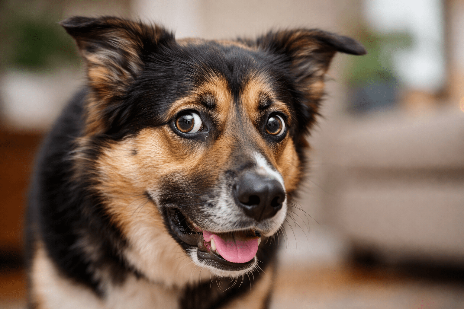 Do Dogs Get Embarrassed? Understanding Your Dog's Emotions 1 A close-up of a dog with black, brown, and white fur, wide blue eyes, and ears perked up, looking slightly to the side with its mouth open and tongue partially out. The background is softly blurred.