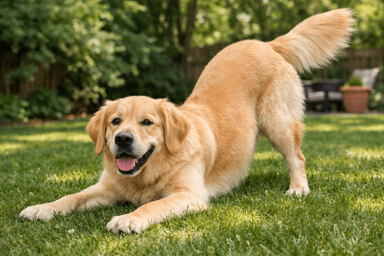 A happy golden retriever in a playful bow, with its front legs stretched forward and tail up, on a grassy lawn with trees and patio furniture in the background.