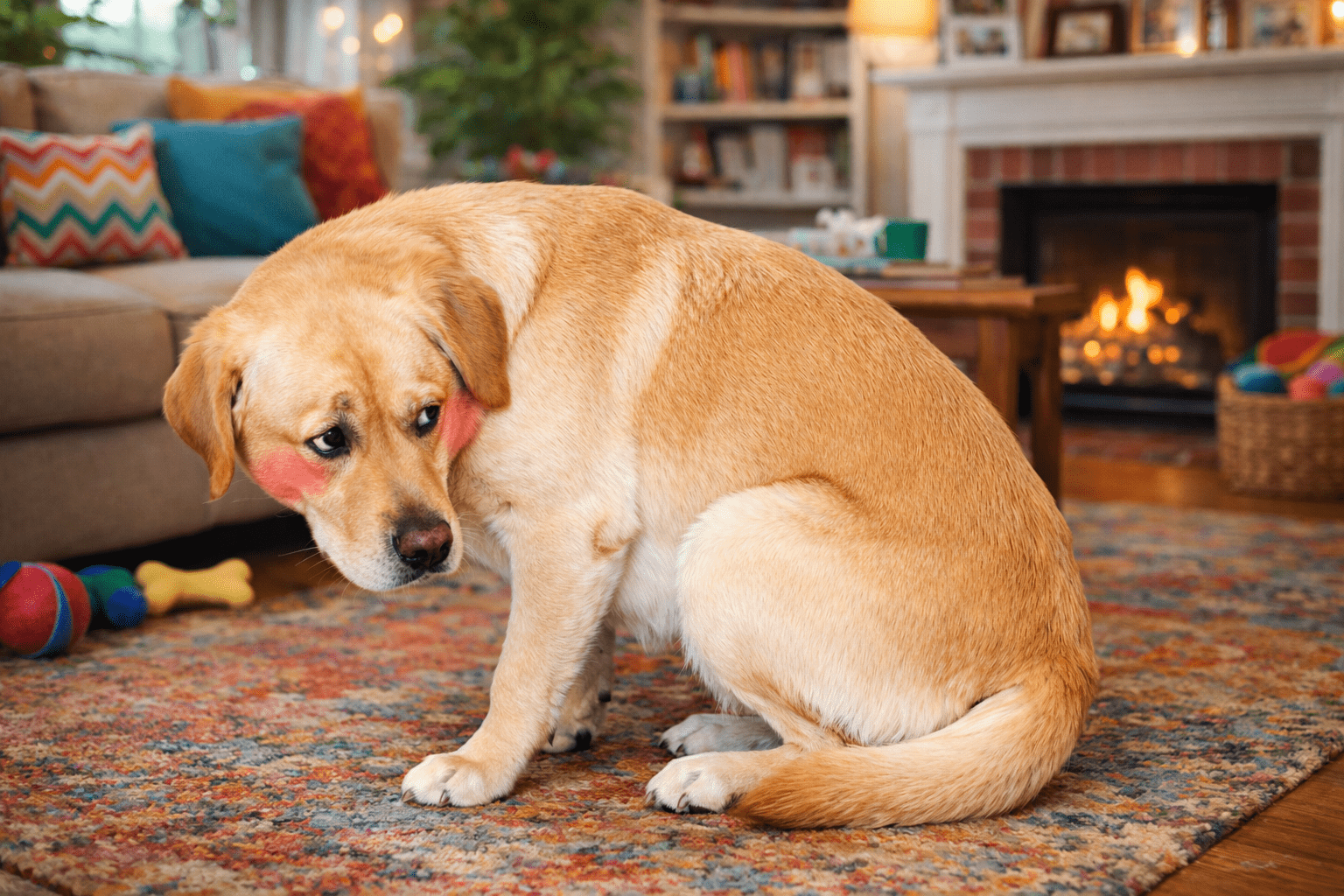 A yellow Labrador retriever with digitally added pink blush on its cheeks sits on a colorful rug in a cozy living room with a fireplace and toys in the background, looking shyly over its shoulder.