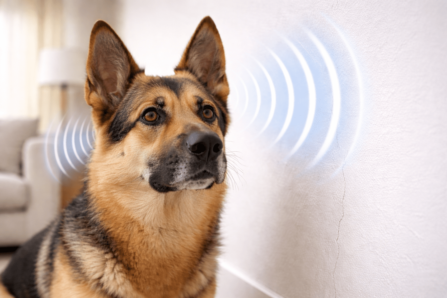 Why Do Dogs Stare at Walls? Understanding This Unusual Behavior 2 A German Shepherd dog sits indoors, facing a wall, with illustrated sound waves emanating from its ears, suggesting the dog is listening intently or detecting sounds.
