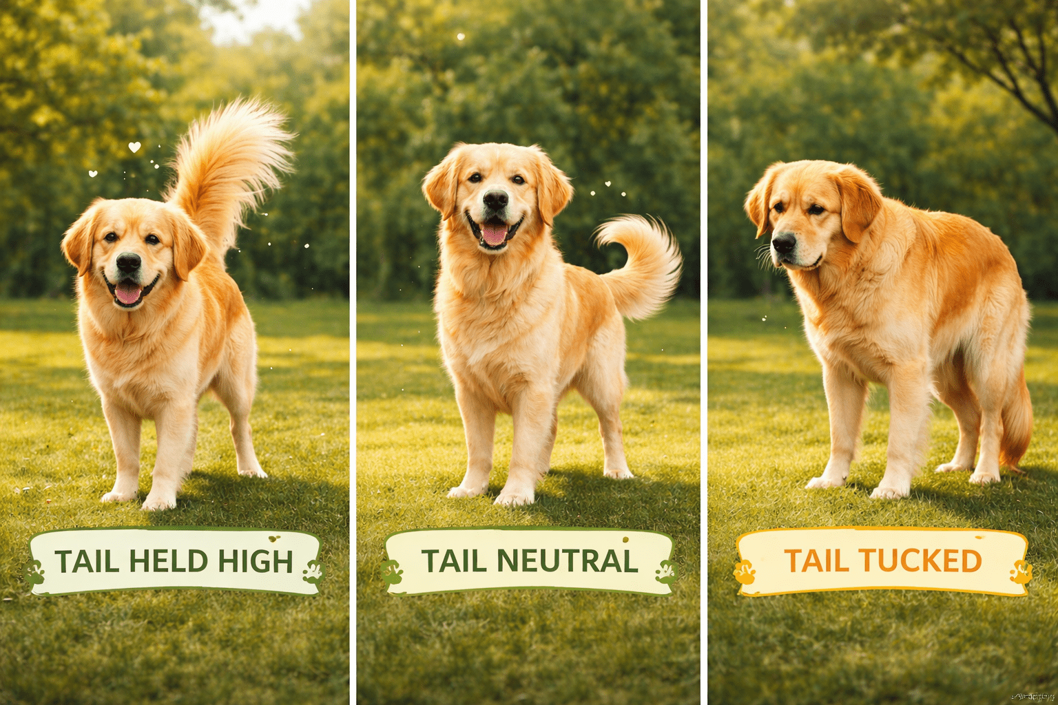 How to Read Dog Body Language: Signals Every Owner Must Know (With Chart) 1 Three golden retrievers stand outside showing different tail positions: tail held high, tail neutral, and tail tucked, each labeled with a banner below, against a green grassy background with trees.