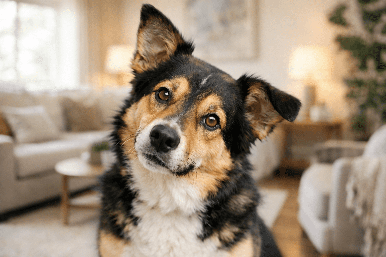 why do dogs tilt their heads. A medium-sized dog with black, brown, and white fur tilts its head slightly while looking at the camera, sitting in a cozy living room with neutral furnishings and soft lighting.