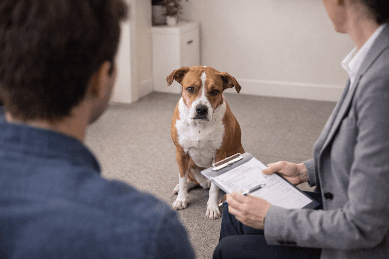 Fear Aggression in Dogs: What It Is and How to Help Your Anxious Dog 5 Professional dog behaviorist evaluating fear-aggressive dog during consultation session
