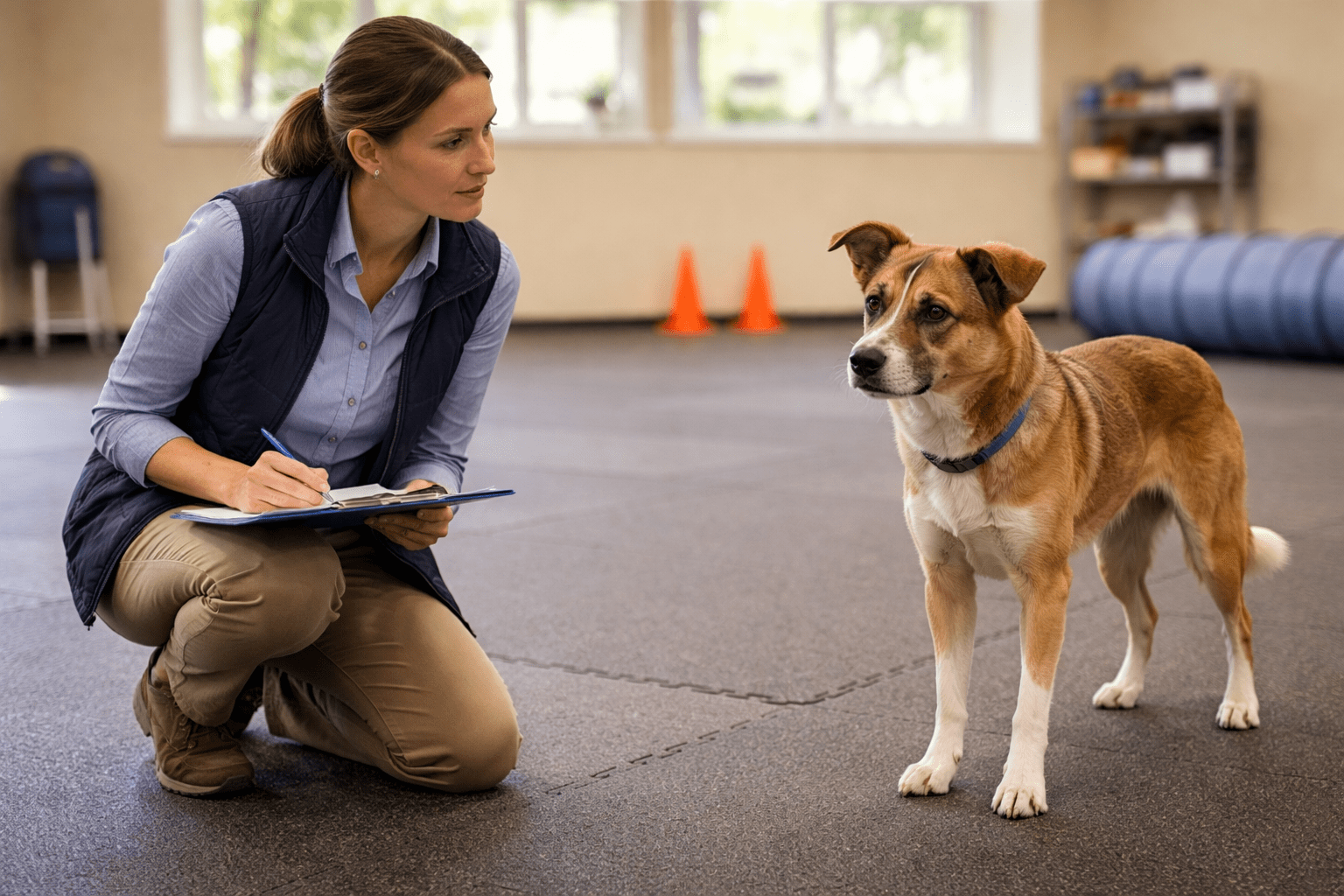 Do Dogs Hold Grudges? Understanding Your Dog's Memory and Emotions 5 A woman kneels on the floor with a clipboard and pen, observing a brown and white dog standing nearby in a spacious indoor training area. Orange cones and gym equipment are visible in the background.