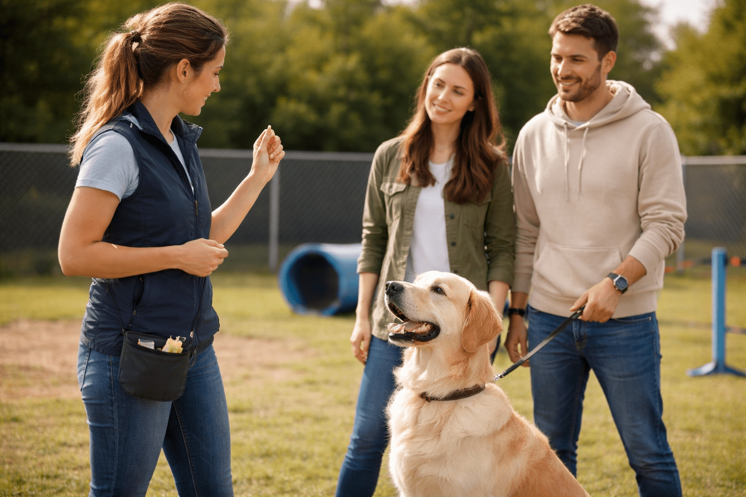 Why Do Dogs Chase Their Tails? Understanding This Common Canine Behavior 5 A dog trainer stands outdoors holding a treat, instructing a golden retriever sitting on a leash, while a smiling couple stands nearby, watching and listening. Agility equipment is visible in the background.