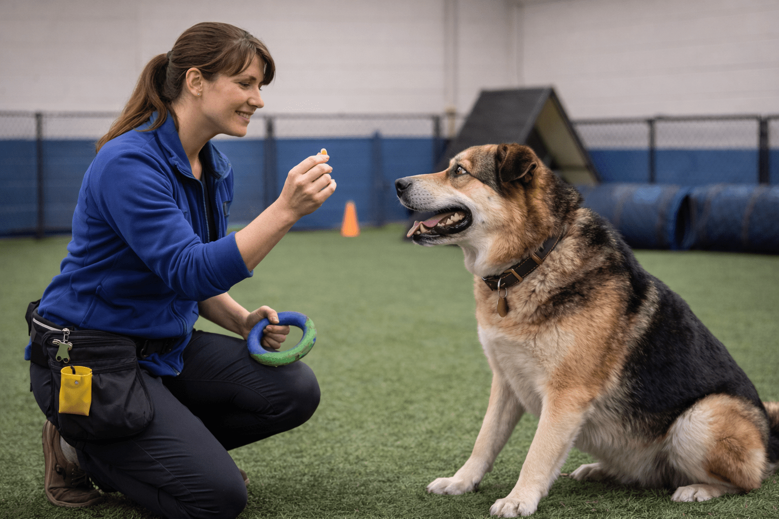 Why Do Dogs Growl? Understanding Your Dog's Communication 5 A woman kneels on grass, holding a treat and a toy, while training a large brown and black dog that sits attentively in front of her. They are in an outdoor fenced area with agility equipment.