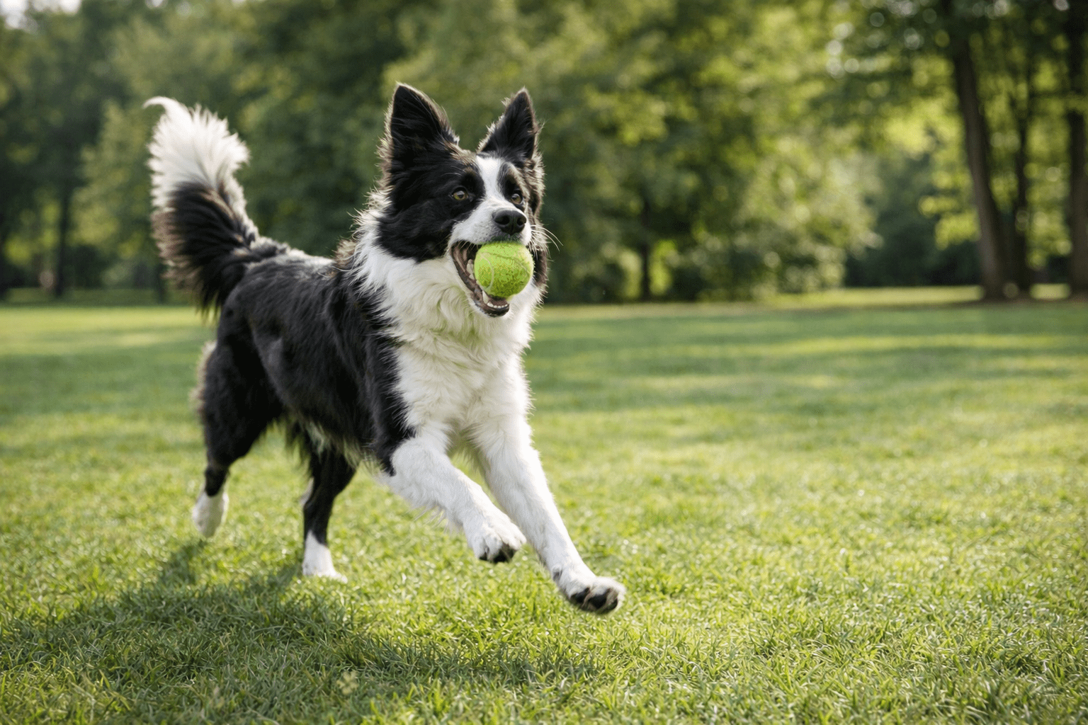 Why Do Dogs Stretch? Understanding Your Dog's Body Language 4 A black and white Border Collie runs on grass with a tennis ball in its mouth in a sunlit park surrounded by trees.