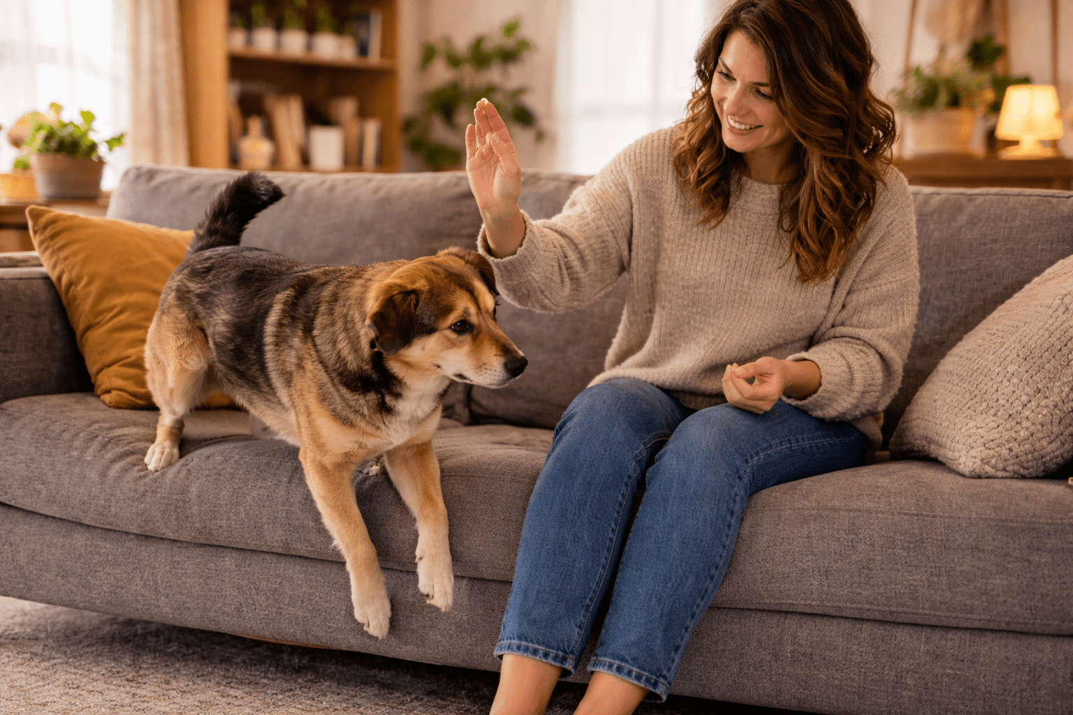 Why Does My Dog Sit On Me? Understanding Your Dog's Behavior 5 A woman sitting on a gray couch smiles while training her dog, who is jumping off the couch in response to her raised hand. The living room is cozy with warm lighting and plants in the background.