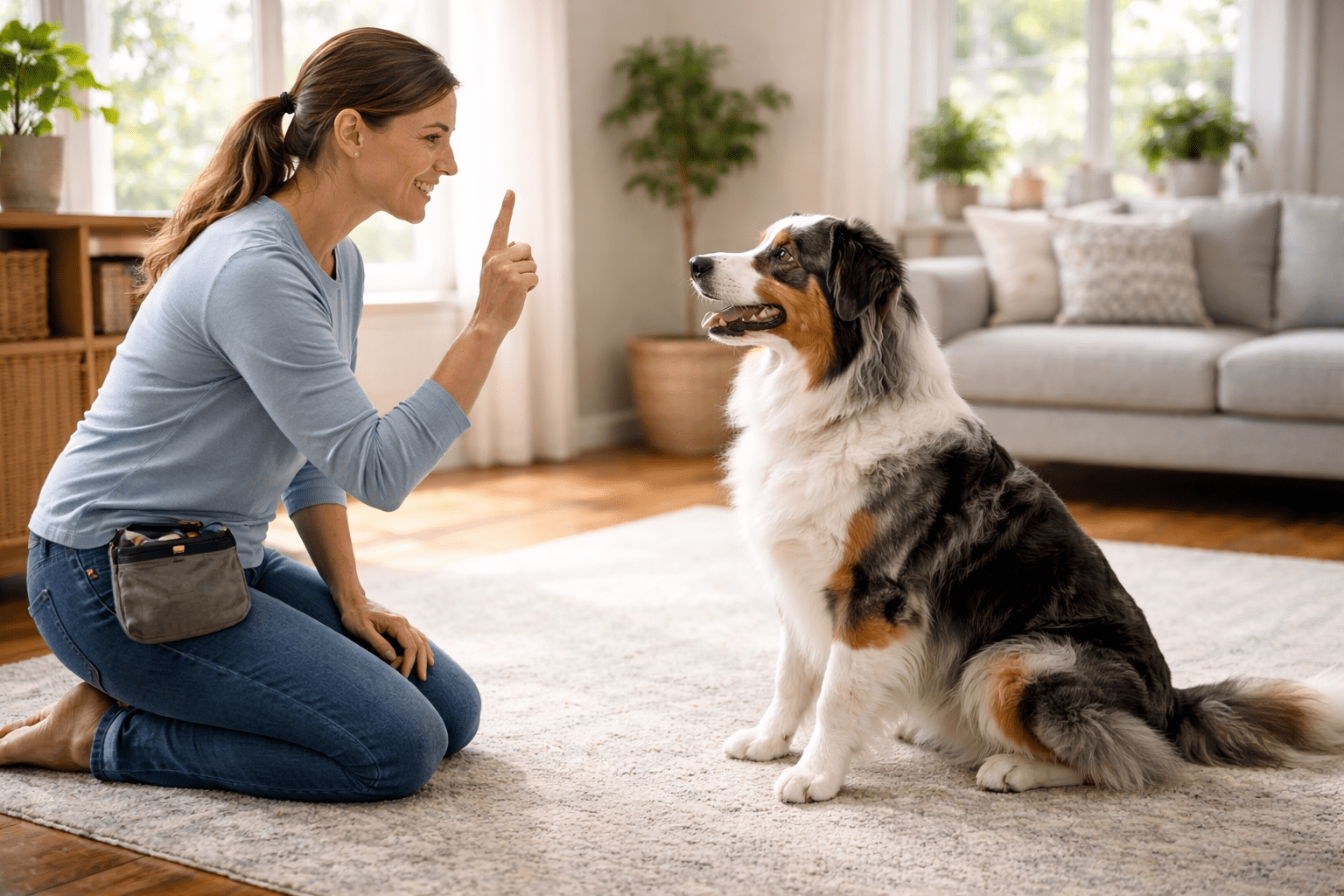 Why Is My Dog Whining? Understanding and Addressing This Common Behavior 4 A woman kneels on a rug indoors, holding up one finger as she trains a large, fluffy Australian Shepherd dog sitting attentively in front of her. The room is bright with natural light and houseplants in the background.