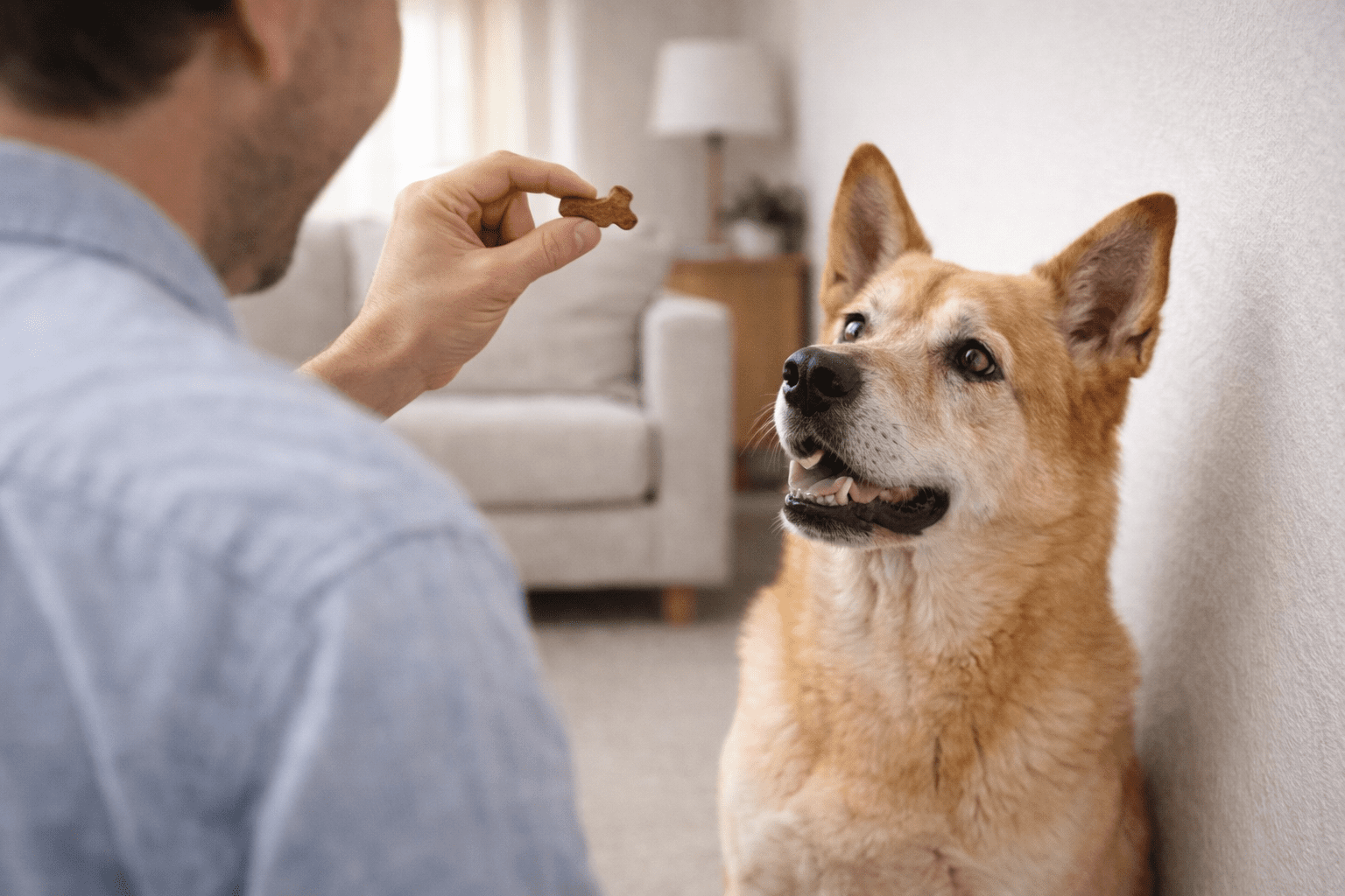 Why Do Dogs Stare at Walls? Understanding This Unusual Behavior 4 A man holds a dog treat in front of a happy, attentive tan dog sitting indoors near a wall, with a couch and lamp visible in the background.