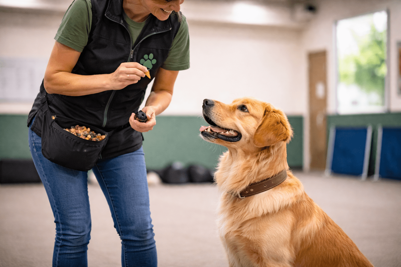 Why Do Dogs Shake? Understanding Your Dog's Body Language 5 A woman in casual clothes holds treats while training a golden retriever dog indoors. The dog sits attentively, looking up at her, as she smiles and prepares to reward it.