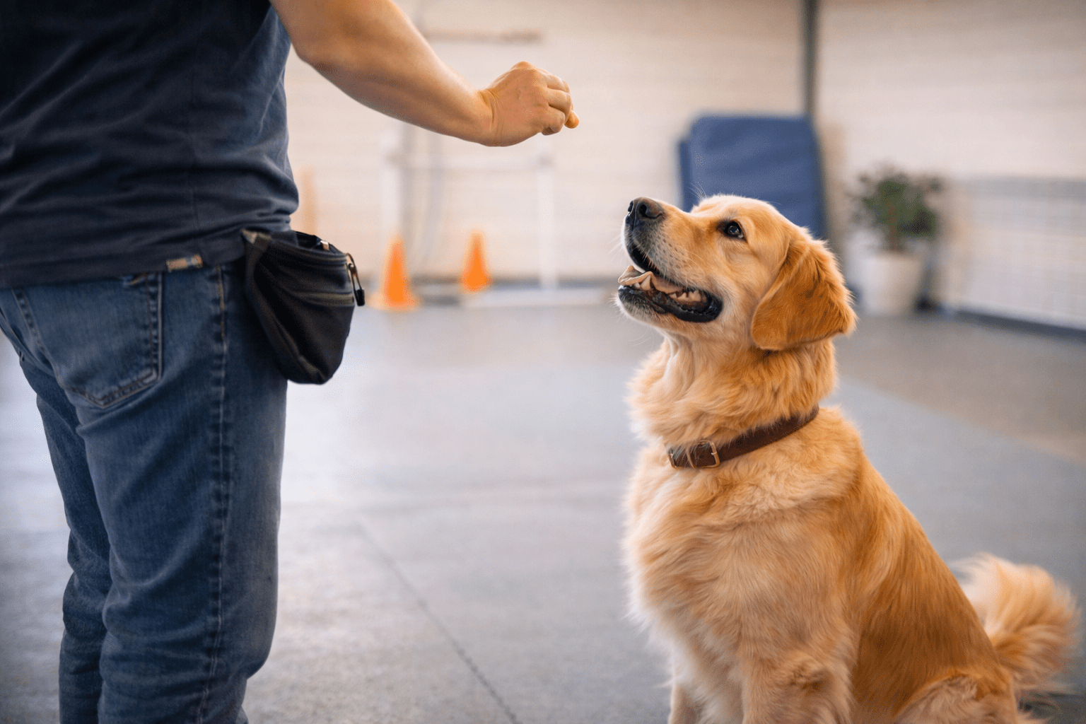 Do Dogs Have a Sense of Time? Understanding Your Dog's Perception 4 A golden retriever sits attentively indoors, looking up at a person holding a treat, ready for training. The dog wears a brown collar and the person has a treat pouch strapped to their waist.