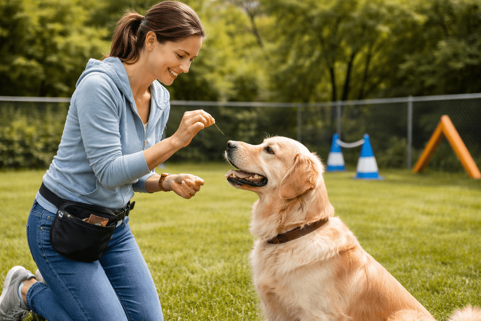 Why Do Dogs Eat Grass? 5 A woman kneels on grass, smiling and holding a treat while training a Golden Retriever. The dog sits attentively. They are outdoors with agility equipment and trees in the background.