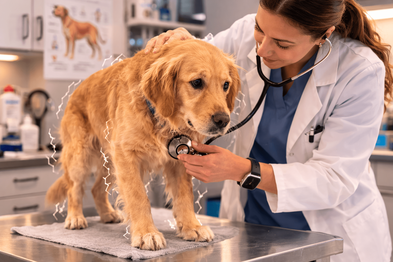 Why Do Dogs Shake? Understanding Your Dog's Body Language 4 A veterinarian listens to a golden retriever’s heartbeat with a stethoscope in an exam room. The dog stands on a metal table, appearing anxious, with animated lines showing it is nervous.