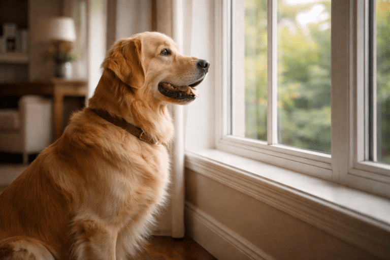 A golden retriever wearing a brown collar sits indoors by a large window, looking outside with its mouth slightly open. Sunlight filters through the window, softly illuminating the room.