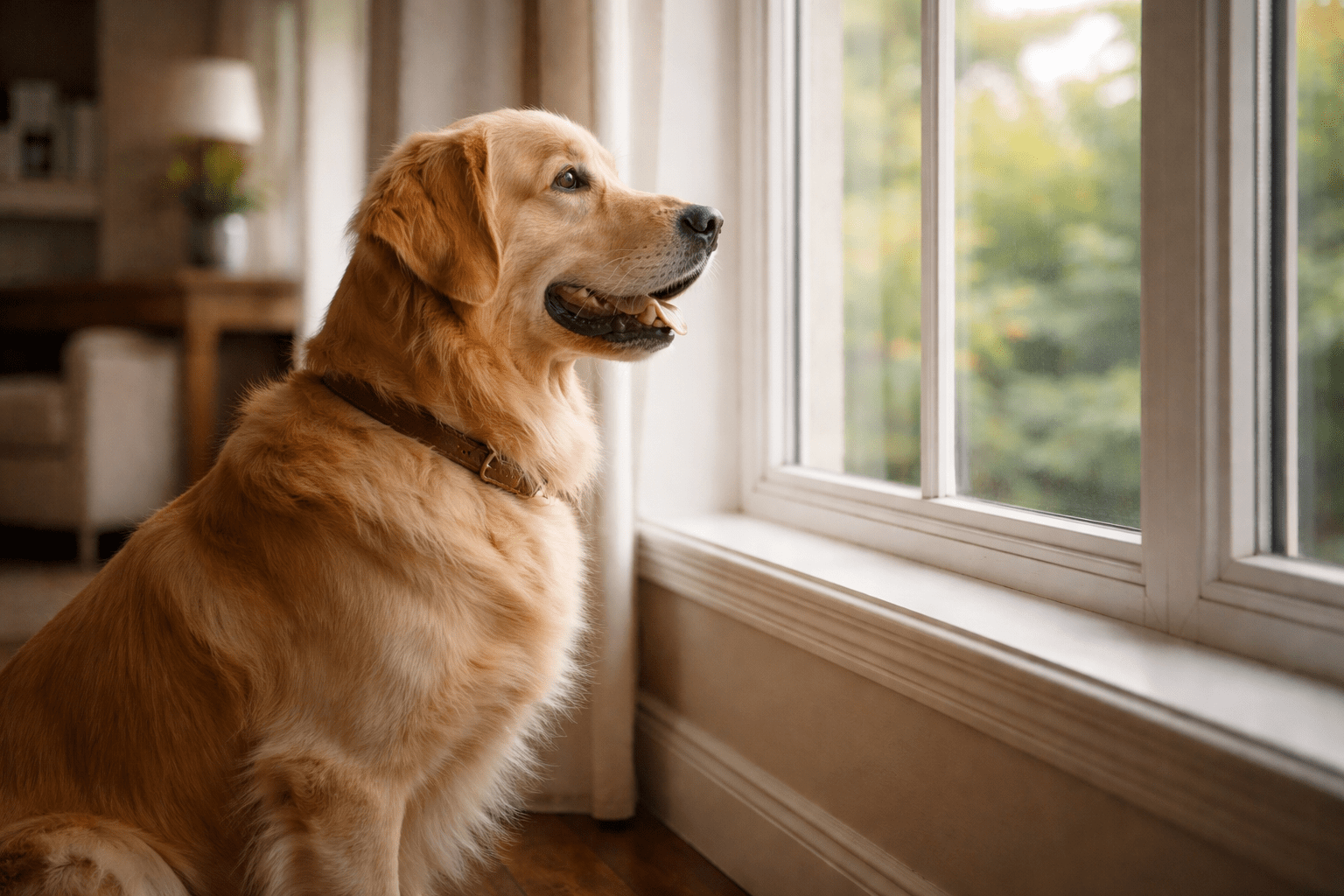 A golden retriever wearing a brown collar sits indoors by a large window, looking outside with its mouth slightly open. Sunlight filters through the window, softly illuminating the room.