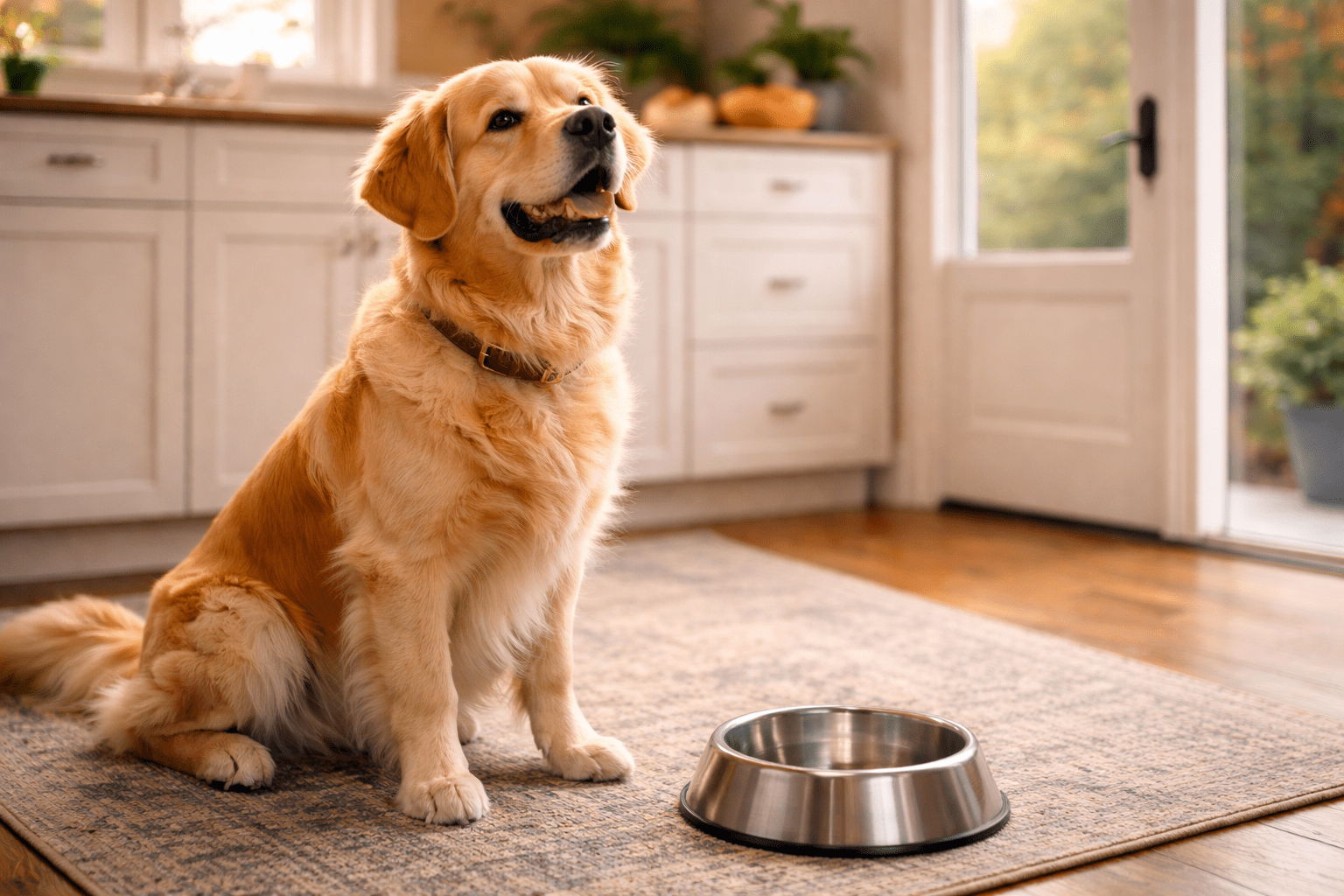 Do Dogs Have a Sense of Time? Understanding Your Dog's Perception 3 A golden retriever sits on a rug in a bright kitchen, looking up happily with its mouth slightly open. A metal dog bowl is placed in front of the dog on the floor.