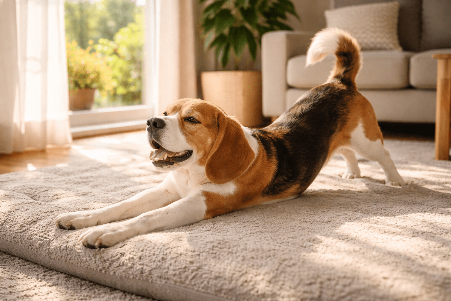 Why Do Dogs Stretch? Understanding Your Dog's Body Language 2 A beagle stretches on a soft rug in a sunlit living room, with its tail up and mouth open. There are plants by a large window and a sofa in the background.