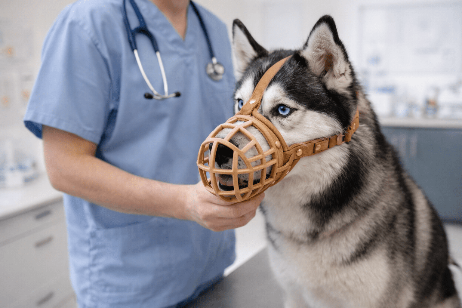 Muzzle Training for Dogs: A Complete Guide for Safety and Success 1 Calm Husky wearing basket muzzle at veterinary clinic showing successful real-world application of muzzle training