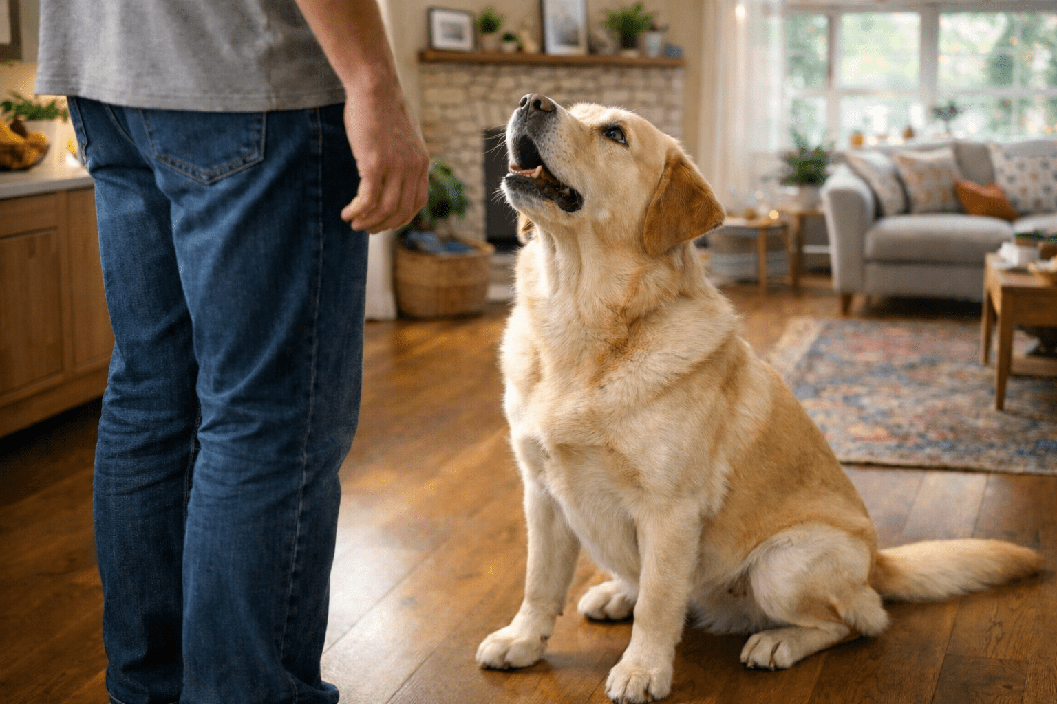 why is my dog whining? A large yellow Labrador sits on a wooden floor, looking up attentively at a person standing nearby in a cozy, well-lit living room.