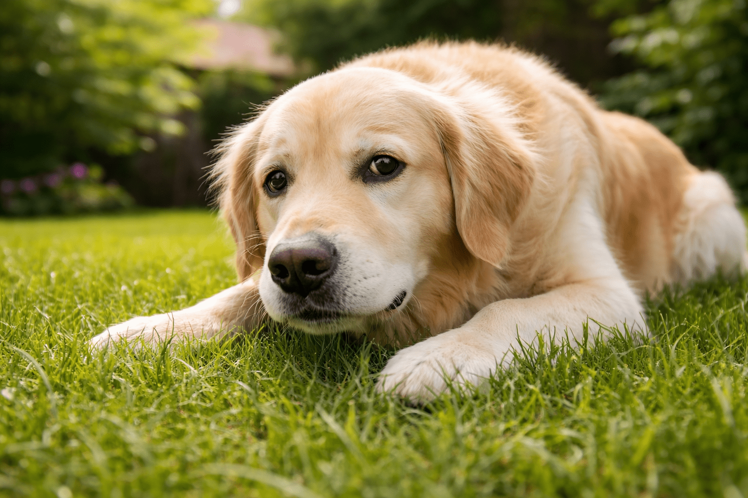 Why Do Dogs Eat Grass? 1 A golden retriever lies on green grass, looking up with gentle eyes. The background shows blurred trees and plants, suggesting a garden or backyard setting.