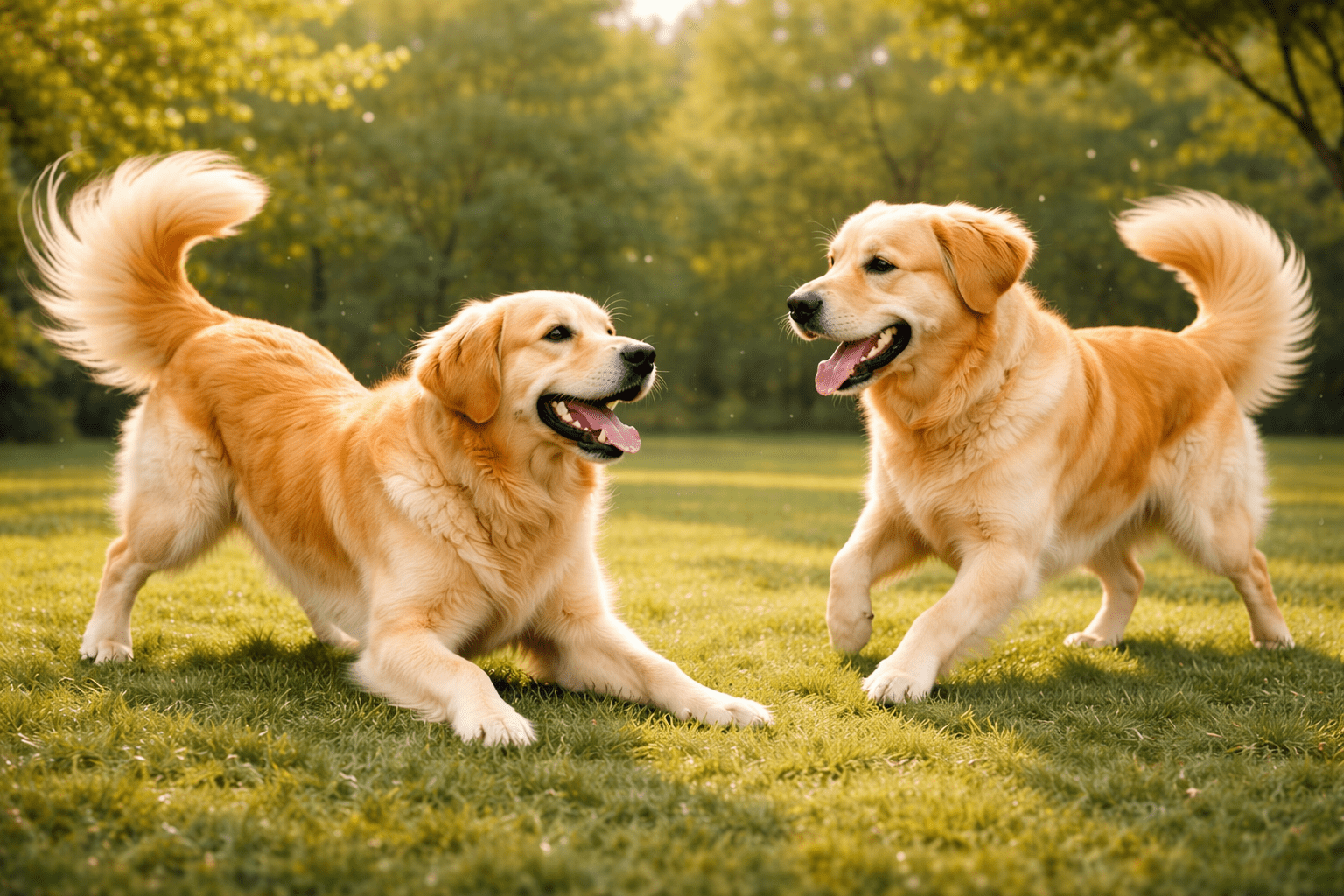 How to Read Dog Body Language: Signals Every Owner Must Know (With Chart) 6 Two playful golden retrievers with wagging tails interact happily in a sunlit grassy park, surrounded by lush green trees. Both dogs have open mouths and joyful expressions as they enjoy the outdoors.