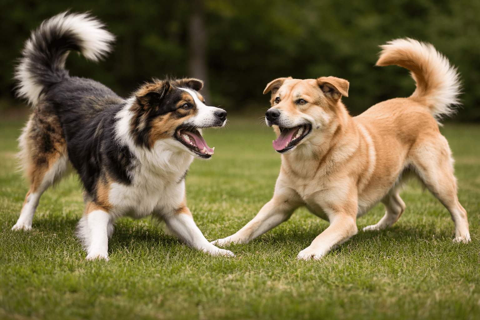 Why Do Dogs Growl? Understanding Your Dog's Communication 2 Two playful dogs are facing each other on grass, both with happy expressions and wagging tails, as they bow with front legs lowered, ready to play. Trees are blurred in the background.