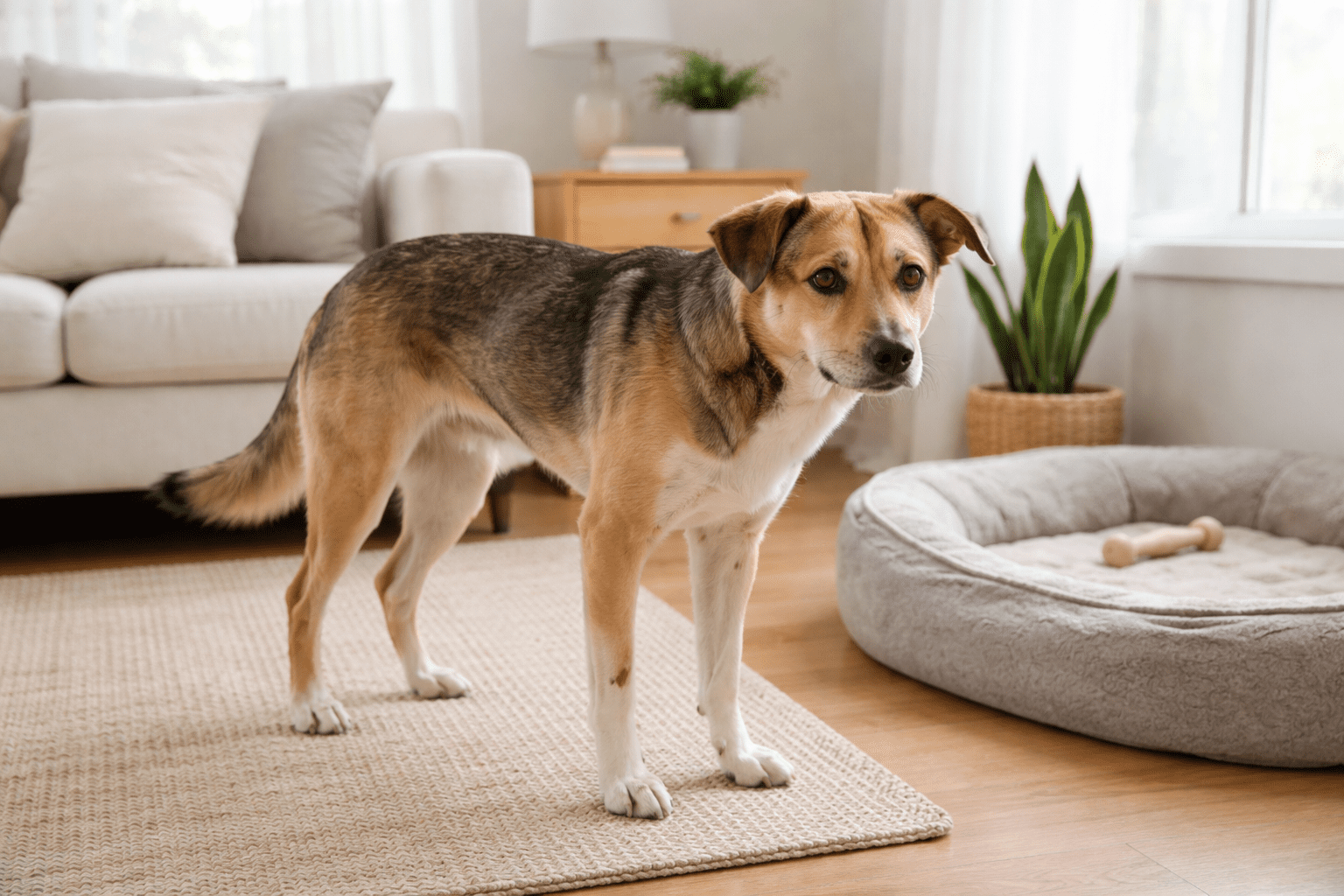 A medium-sized dog with brown, black, and white fur stands on a rug in a cozy living room near a gray dog bed with a bone-shaped toy, surrounded by neutral furniture and a potted plant.