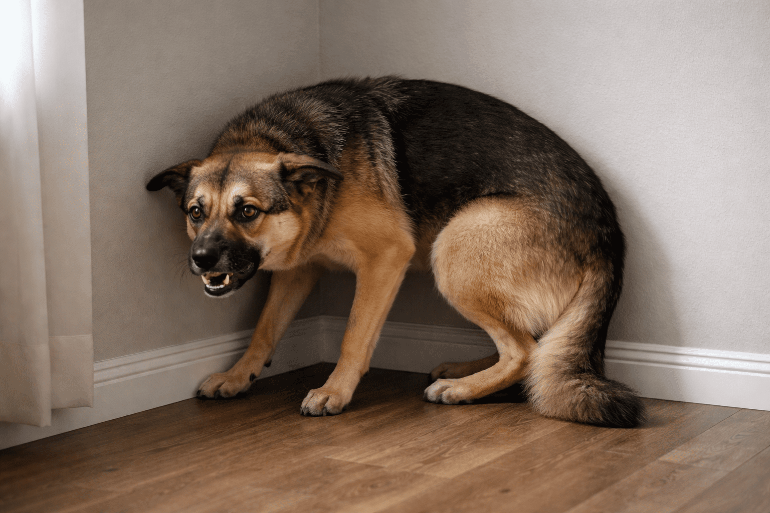 fear aggression in dogs. Dog showing fear aggression with ears back, tail tucked, and teeth bared in defensive posture