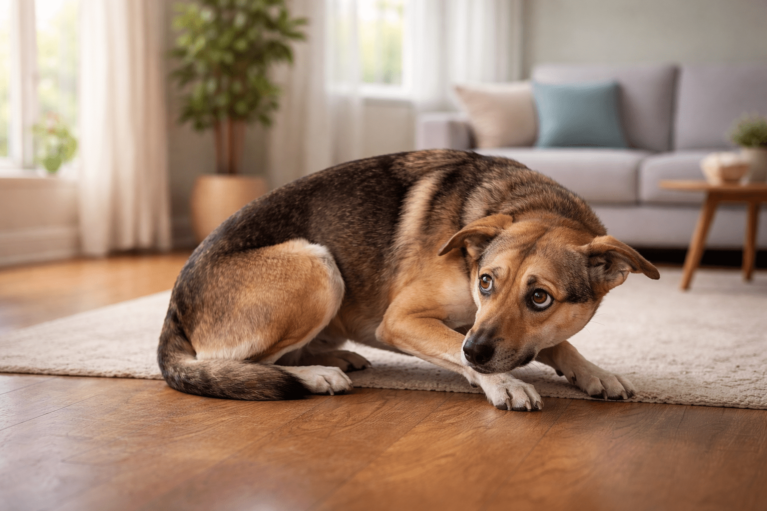 how to help a fearful dog gain confidence. A nervous dog with brown and black fur crouches on a wooden floor, ears back and eyes wide, in a cozy living room with a rug, sofa, and potted plant in the background.