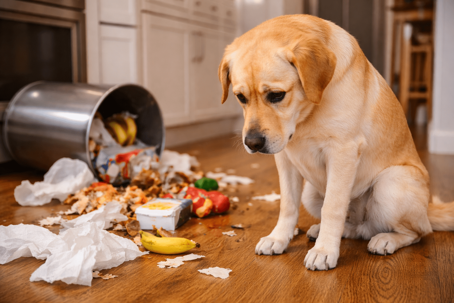 Do Dogs Get Embarrassed? Understanding Your Dog's Emotions 2 A yellow Labrador retriever sits on a kitchen floor, looking guilty next to a knocked-over trash can with garbage, food scraps, and paper scattered around.