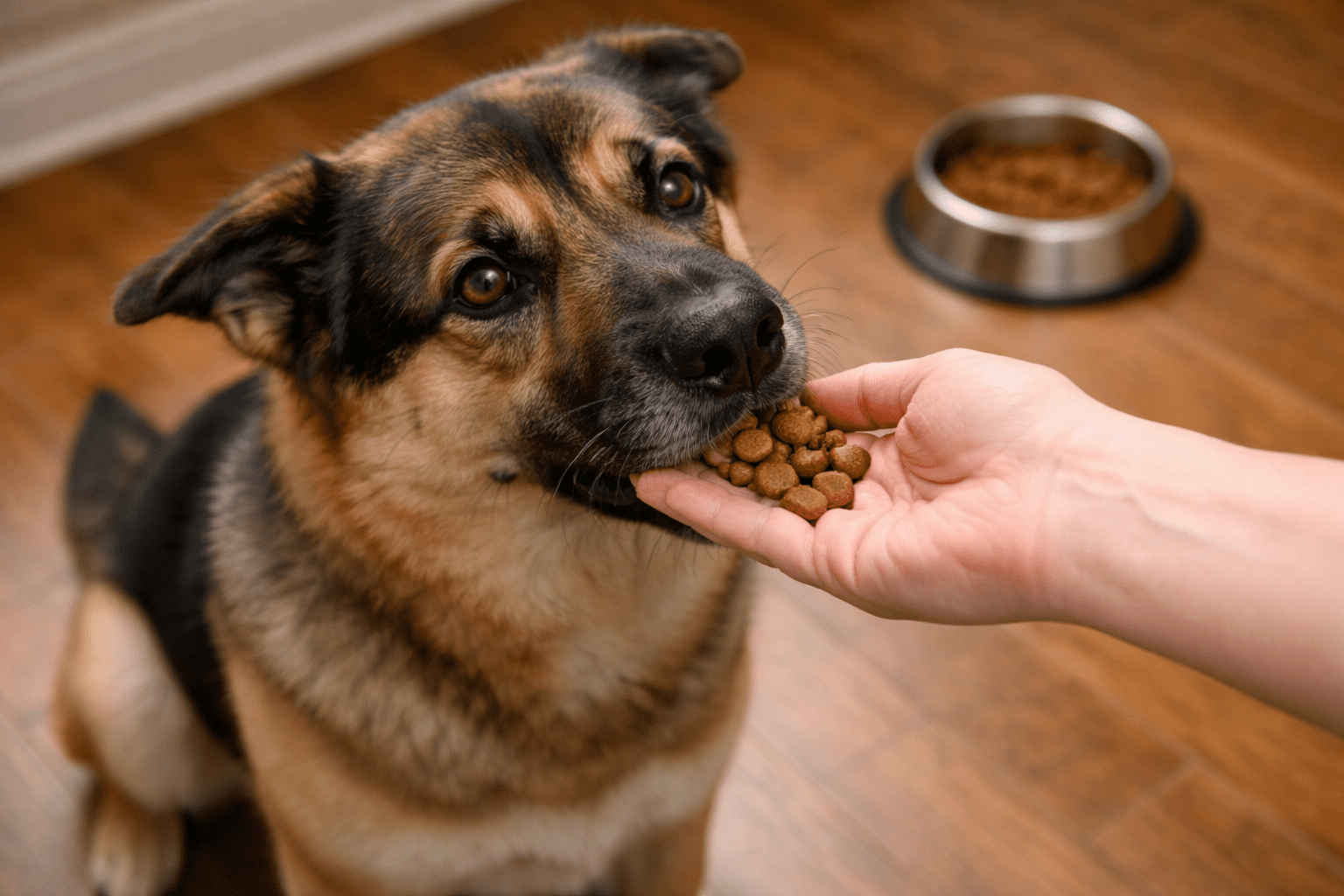 Possessive Aggression in Dogs: What It Is and How to Fix It 4 Owner hand-feeding dog kibble to build trust and prevent possessive aggression over food