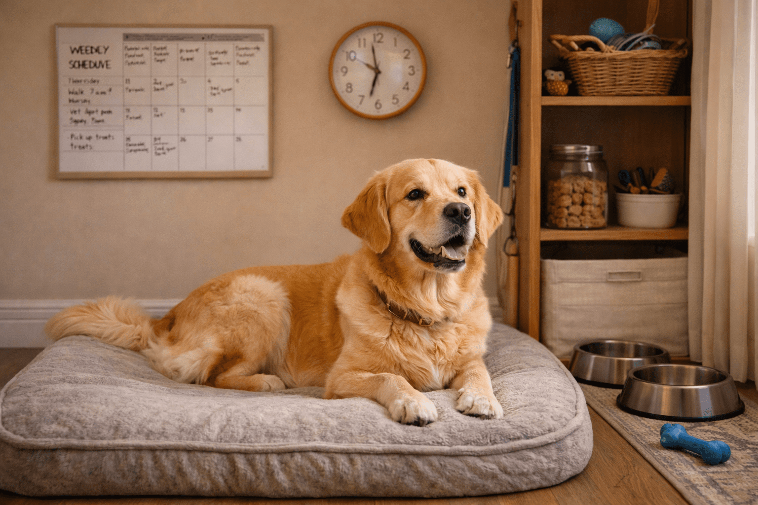 Do Dogs Have a Sense of Time? Understanding Your Dog's Perception 5 A golden retriever lies on a gray dog bed in a cozy room with a weekly schedule board, clock, shelf with pet supplies, and food and water bowls nearby. Warm light comes through a window.