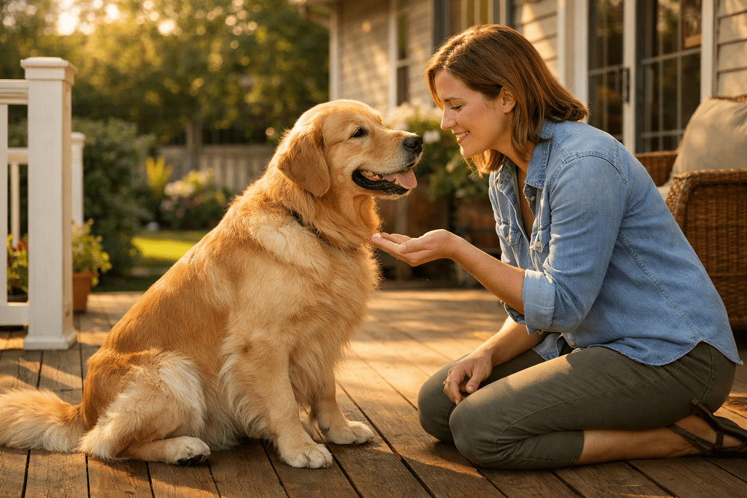 Do Dogs Hold Grudges? Understanding Your Dog's Memory and Emotions 4 A woman kneels on a wooden deck, smiling and holding her hand out to a happy golden retriever sitting in front of her. The scene is outdoors, next to a house with greenery in the background.