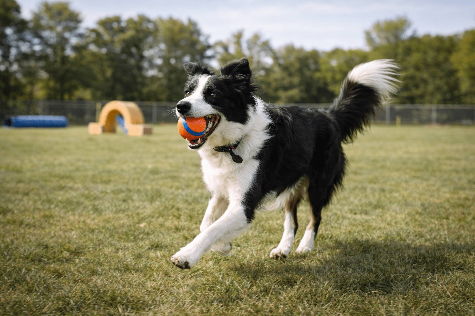 Why Do Dogs Chase Their Tails? Understanding This Common Canine Behavior 4 A black and white dog runs on grass with an orange and blue ball in its mouth, with agility equipment and trees blurred in the background on a sunny day.
