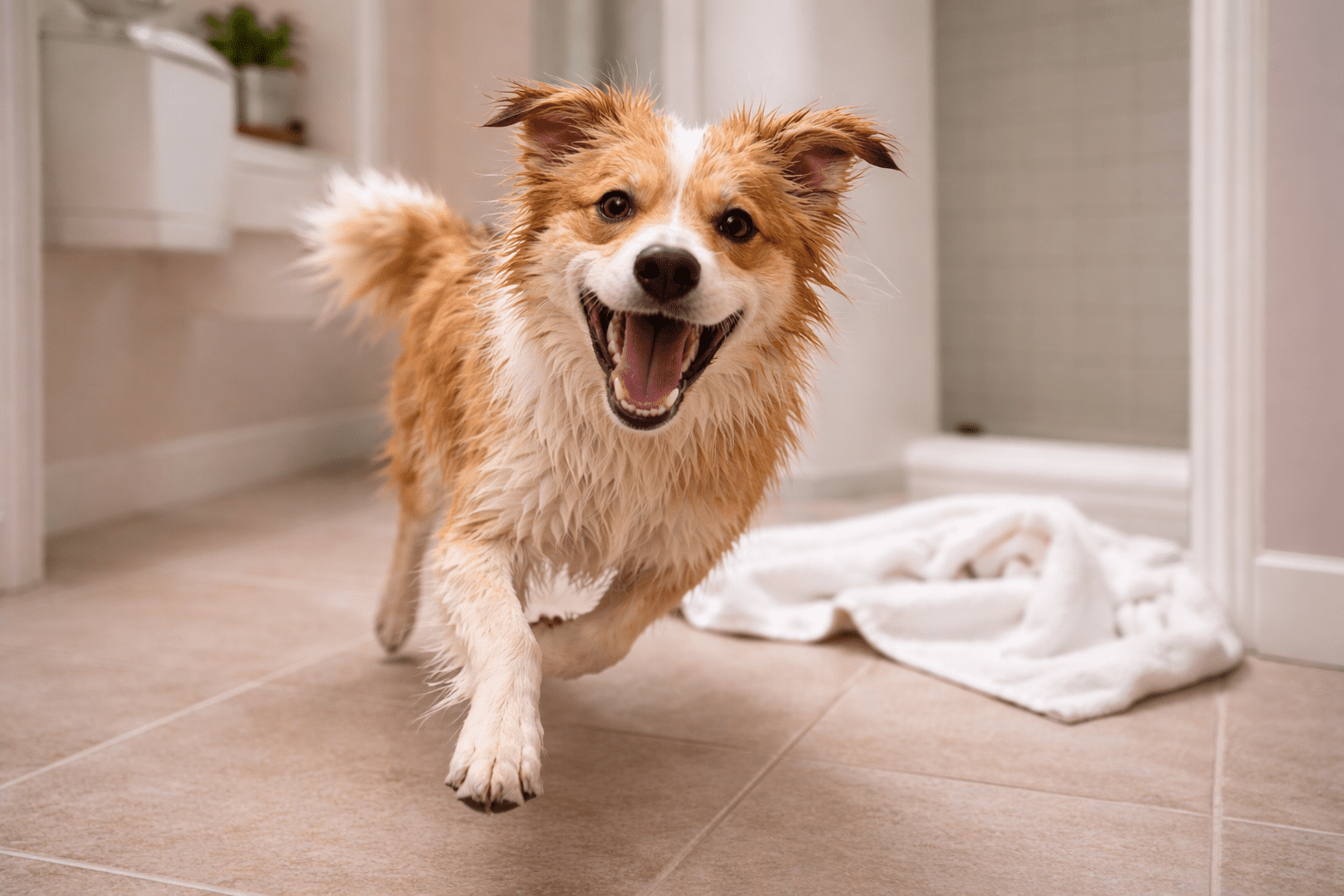 Why Do Dogs Get the Zoomies? Understanding Your Dog's Wild Energy Bursts 3 A happy, wet dog with tan and white fur runs toward the camera on a bathroom floor, with a white towel and shower visible in the background.